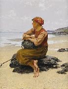 August Hagborg Sittande ostronplockerska pa stranden France oil painting artist